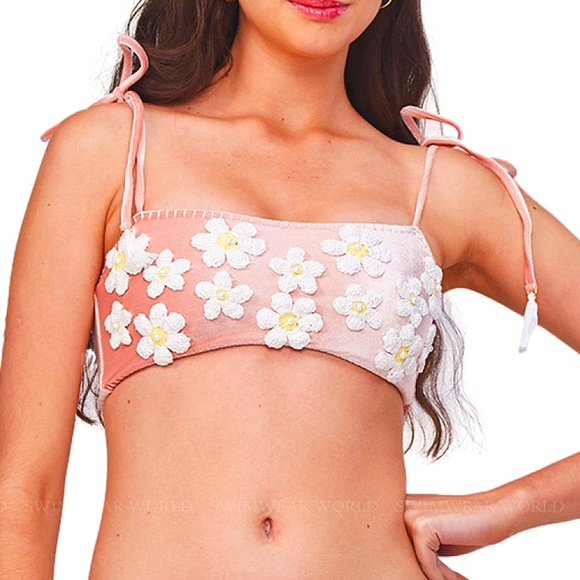 New Capittana x Free People Mafer S M L XL Pink Crochet Daisy Bandeau Bikini Top - Picture 2 of 16